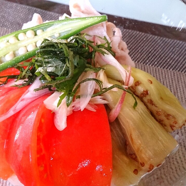 焼きなすと冷しゃぶトマトの薬味のっけ素麺